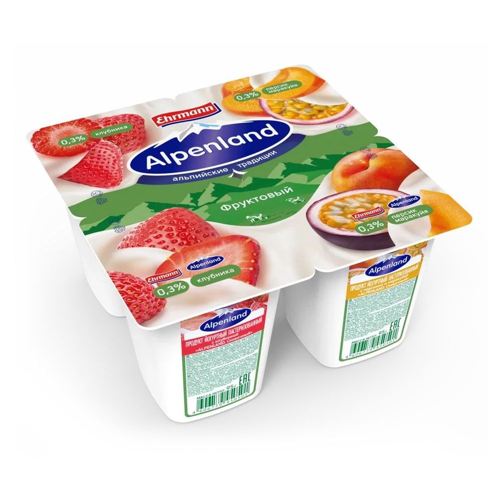 Продукт Alpenland йогуртный клубника персик маракуйя 0.3% 95 г