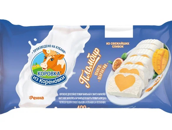 Мороженое Пломбир КизК двухсл. ванильн. и с манго и маракуйей м.д.ж. 15,0%, флоупак 200г