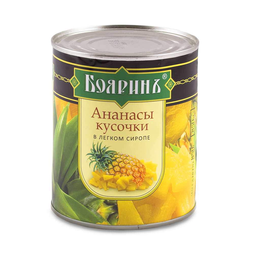Ананасы 850мл(12)кус. в легком сиропе ж/б Бояринъ имп.(вес 490г)