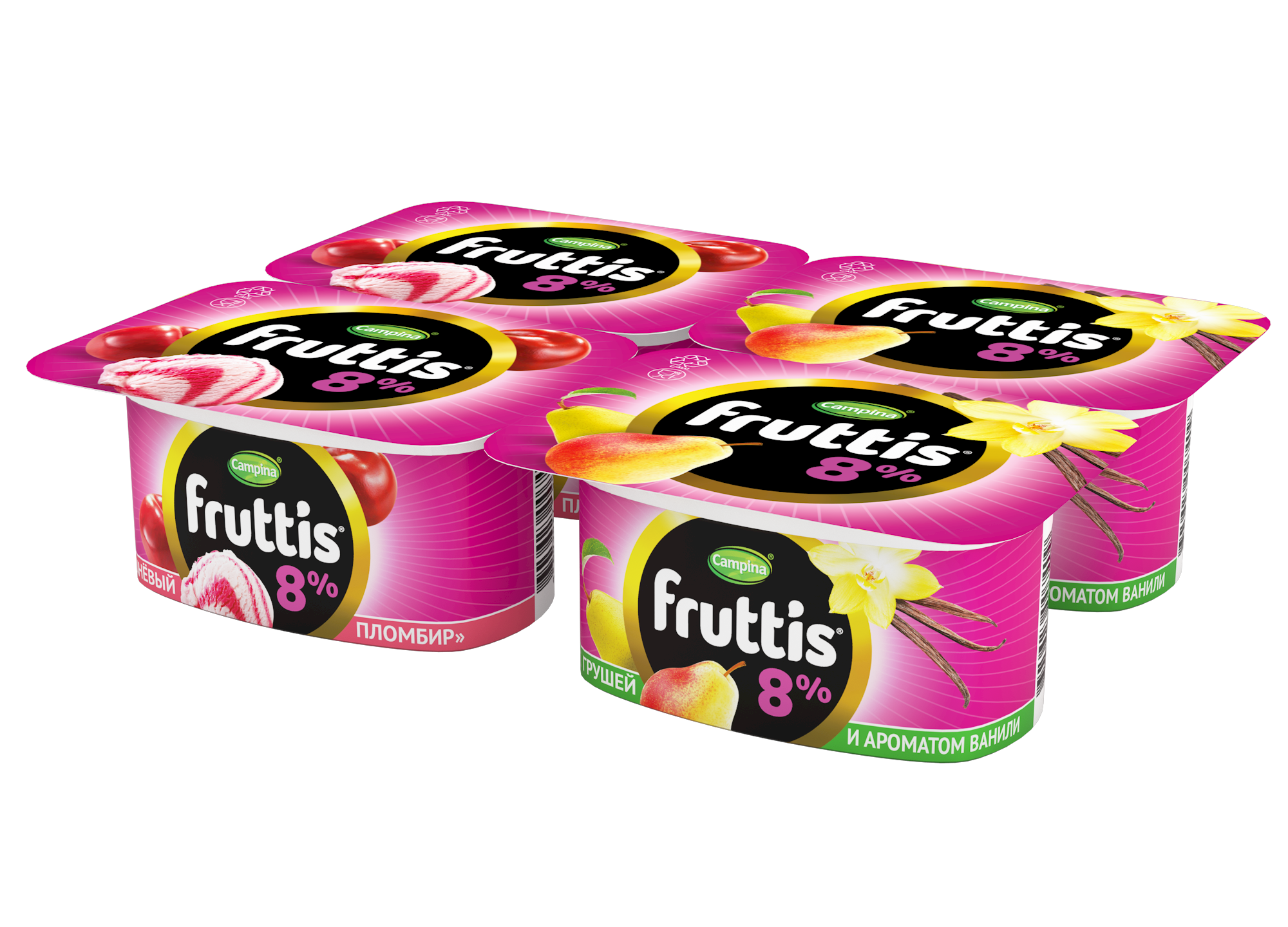 Йогурт Фруттис суперэкстра со вкусом вишн. пломбира/ груши-ванили 8% 115г стакан