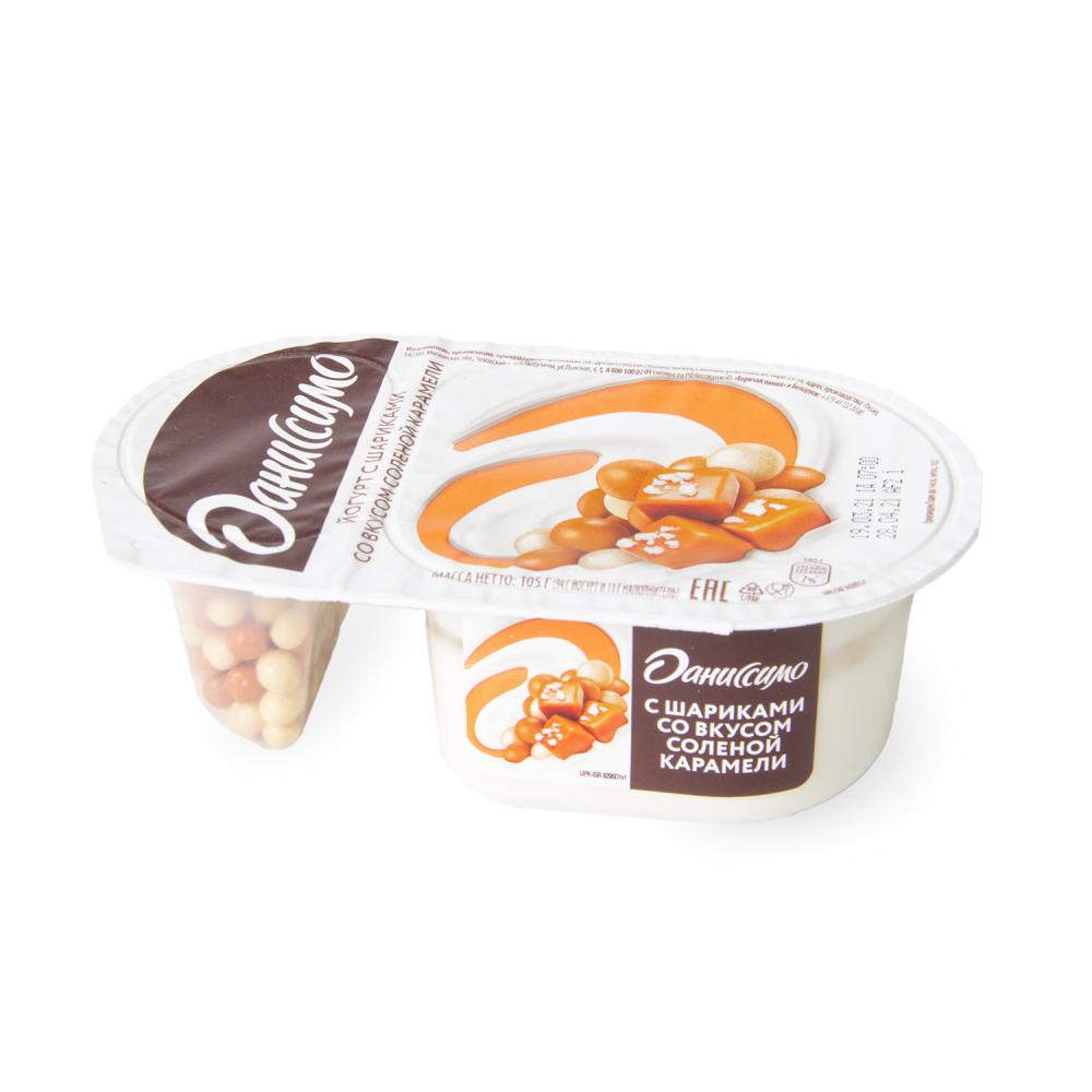 ДАНИССИМО ЙОГУРТ ФАНТАЗИЯ С ХРУСТЯЩИМИ ШАРИКАМИ СОЛЁНАЯ КАРАМЕЛЬ 105г (12)