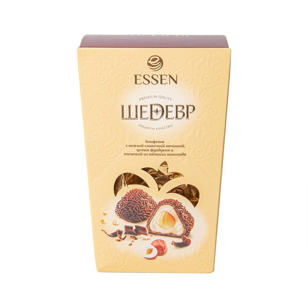 Набор конфет ЭССЕН Шедевр фундук-слив.начинка-тем.шок кор. 145г