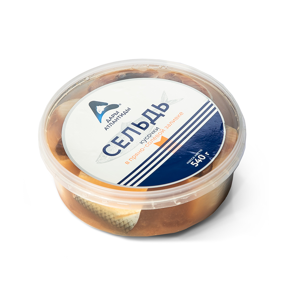 Пресервы из разделанной рыбы. Сельдь атлантическая кусочки в пряно-солевой заливке, 540 г, Дары Атлантиды
