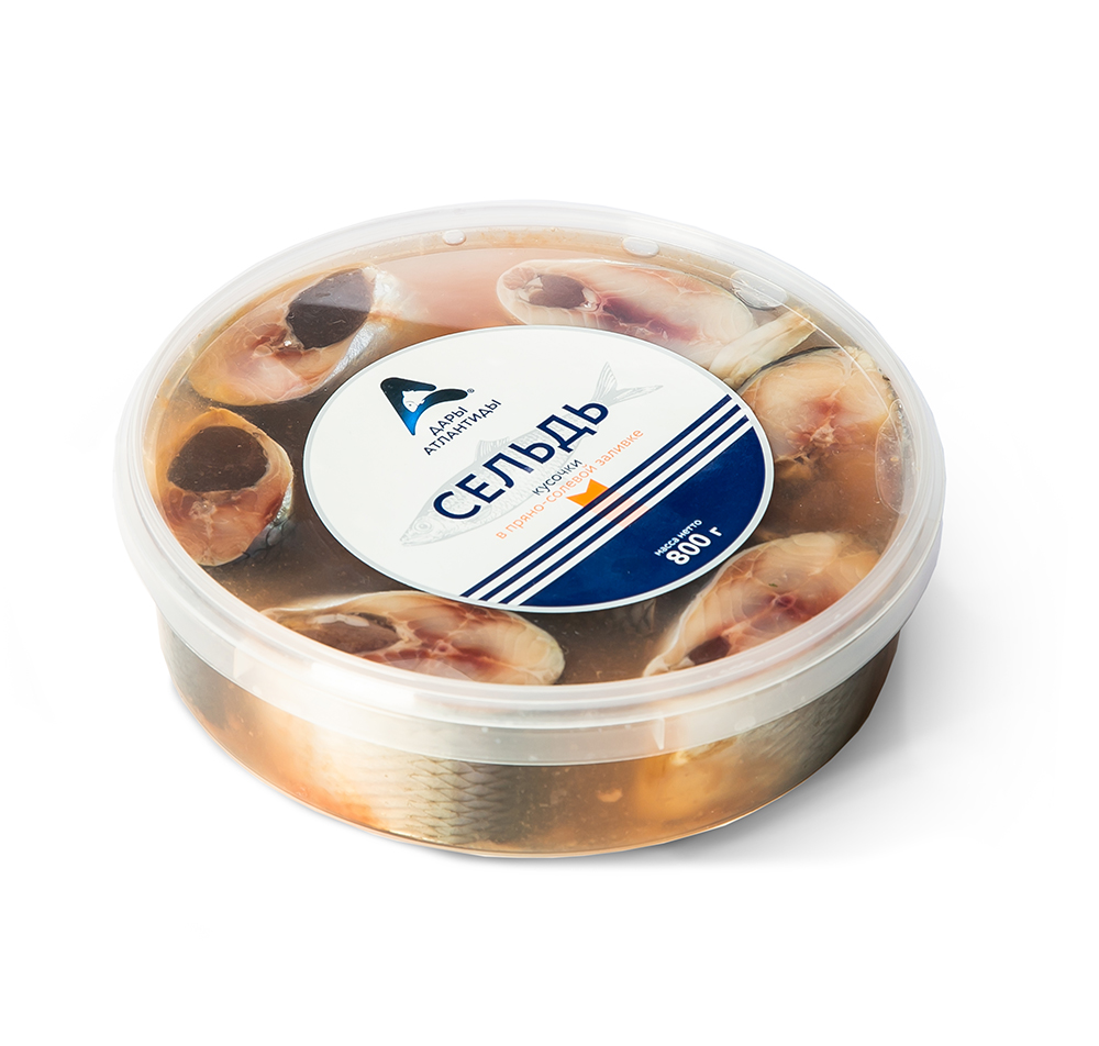 Пресервы из разделанной рыбы. Сельдь атлантическая кусочки в пряно-солевой заливке, 800 г, Дары Атлантиды