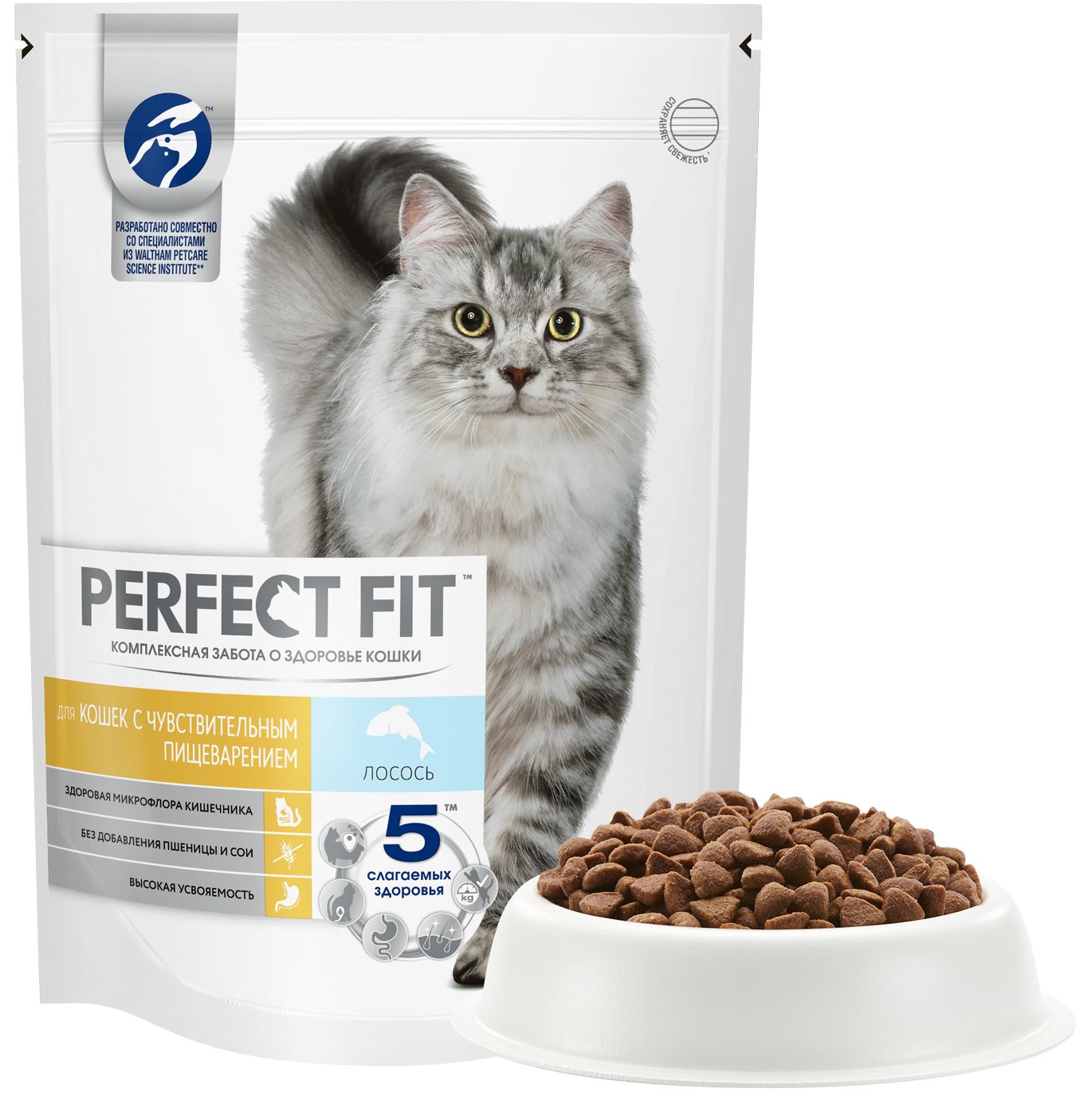 Сухой корм PERFECT FIT для взрослых кошек с чувствительным пищеварением, с лососем, 650г