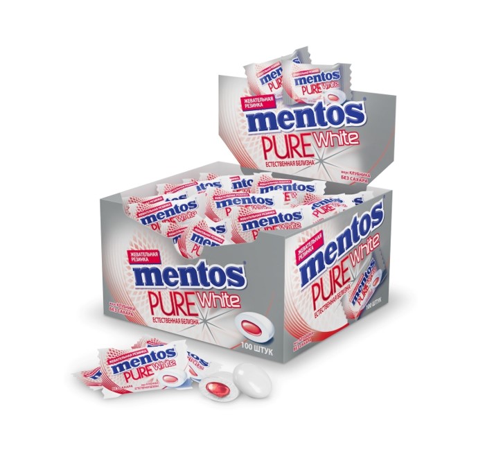 Жевательная резинка Mentos Pure White Клубника, моно 2г, 100шт