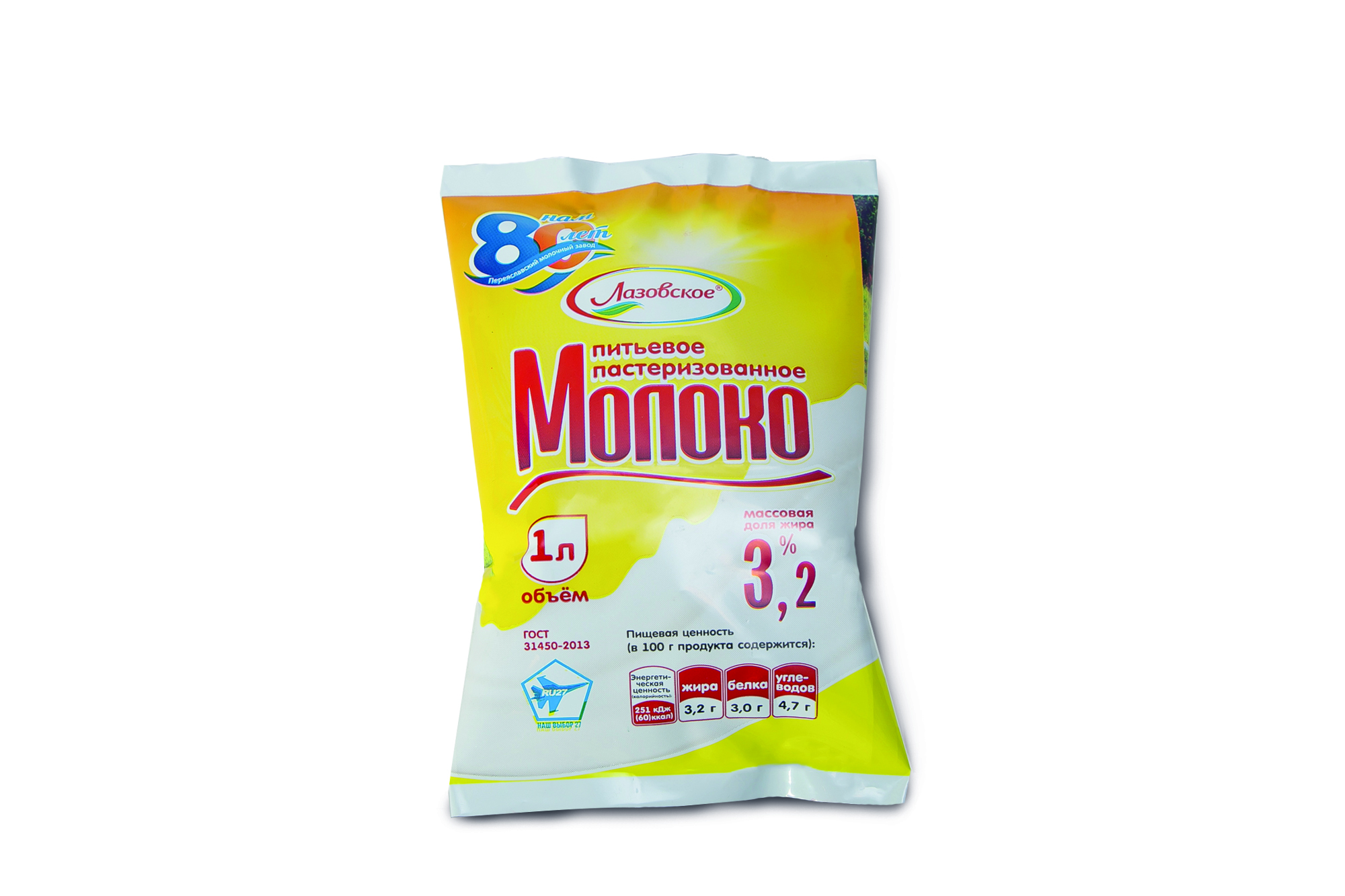 Молоко восстановленное из сухого молока пастеризованное м.д.ж. 3,2% "Лазовское" 1000 мл поли-пак