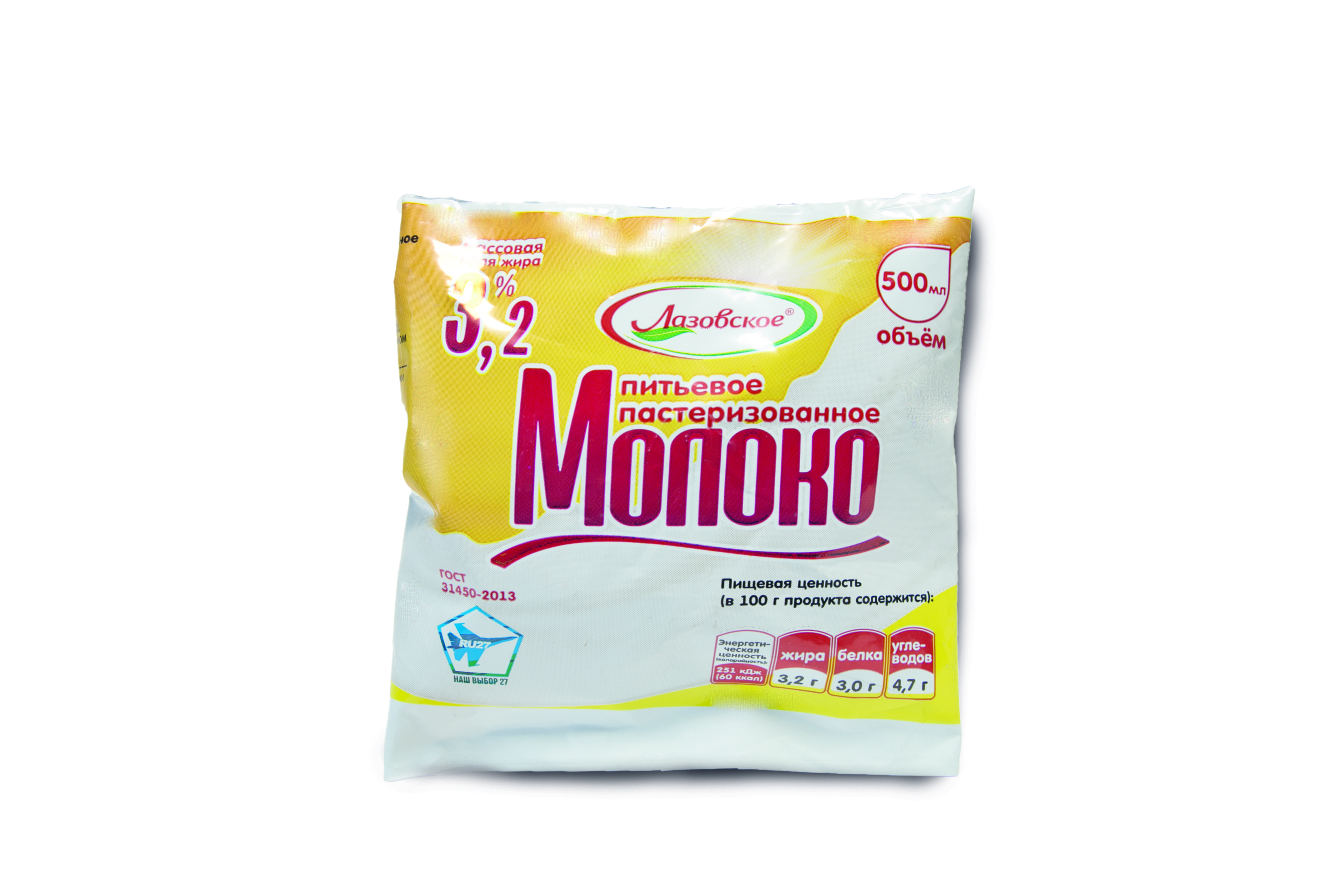 Молоко восстановленное из сухого молока пастеризованное м.д.ж. 3,2% "Лазовское" 500 мл поли-пак