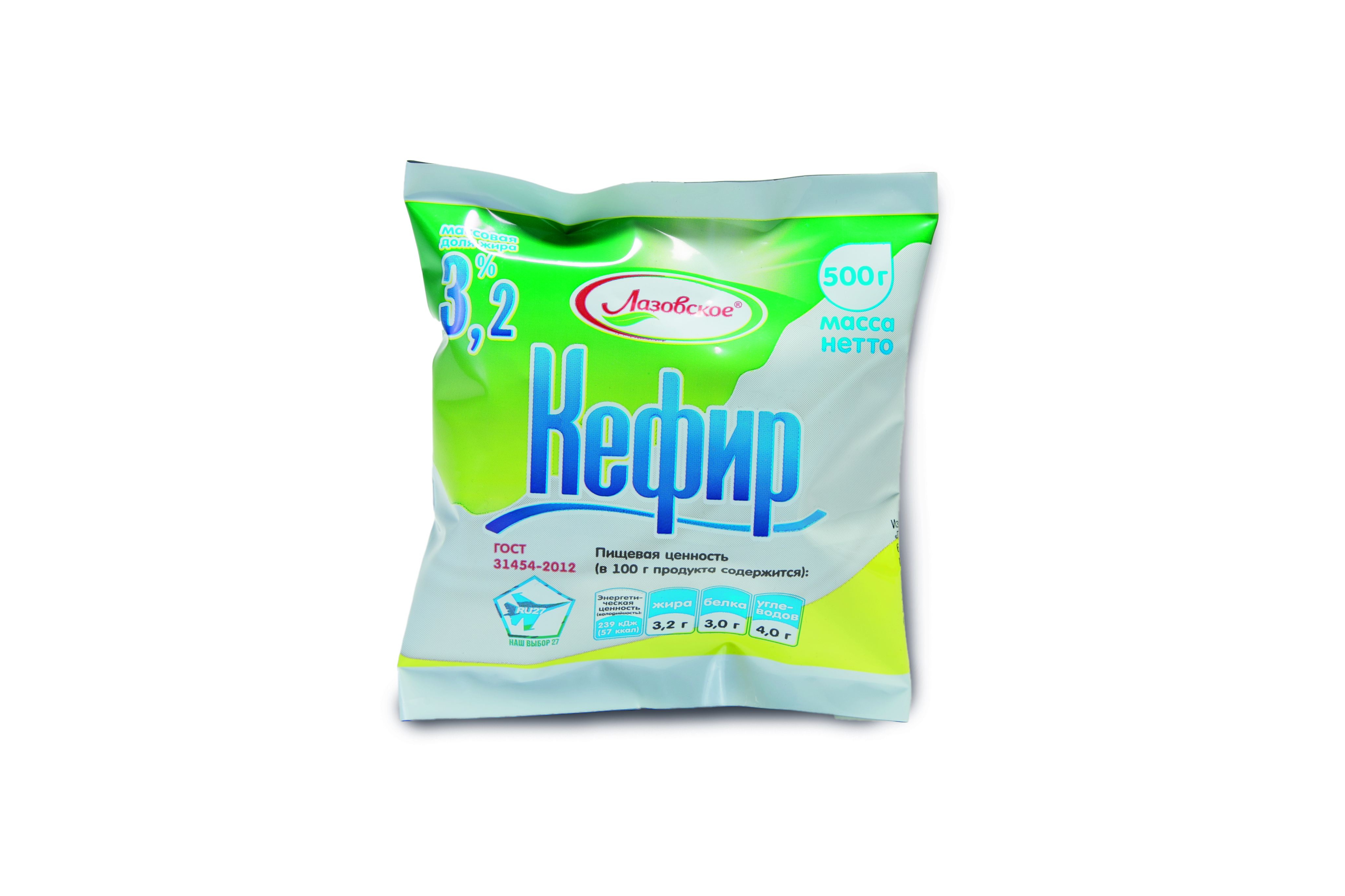 Кефир мдж 3,2% Лазовский 500г поли-пак