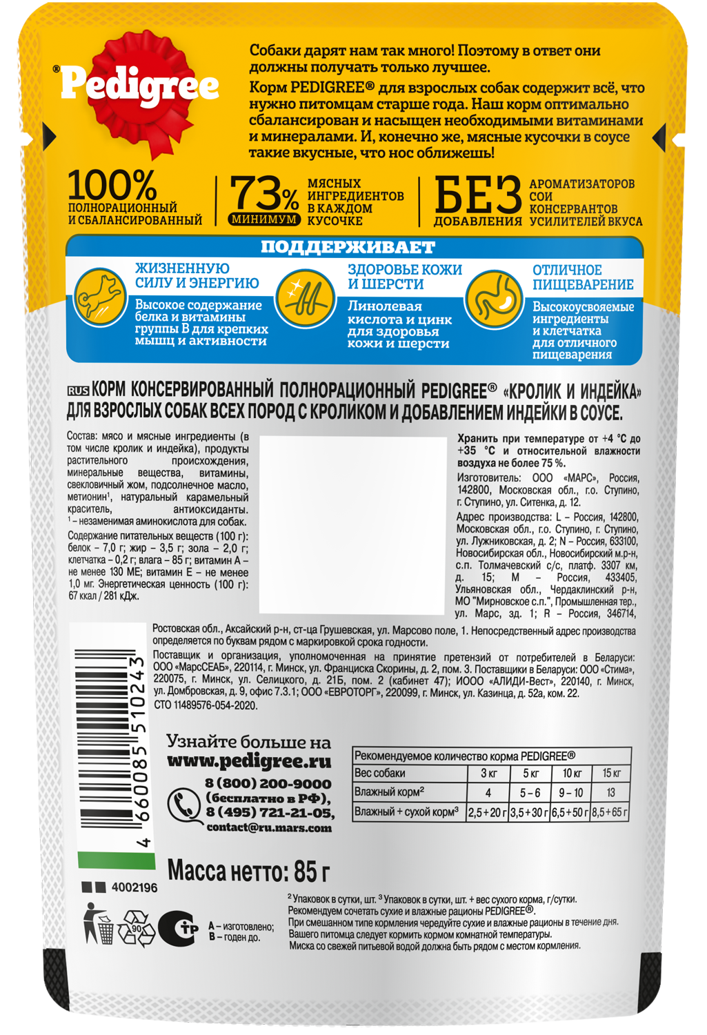 Влажный корм Pedigree для взрослых собак всех пород, с кроликом и индейкой в соусе, 28х85г