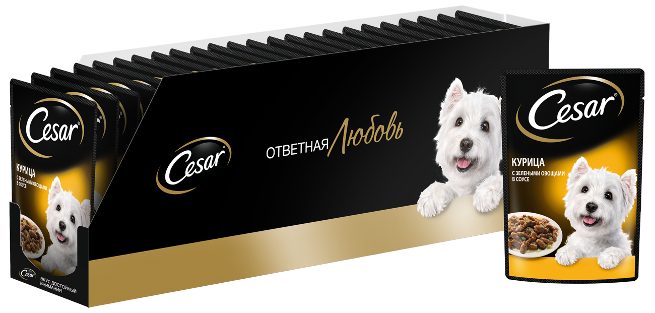 Влажный корм Cesar для взрослых собак, с курицей и зелеными овощами в соусе, 28х85г