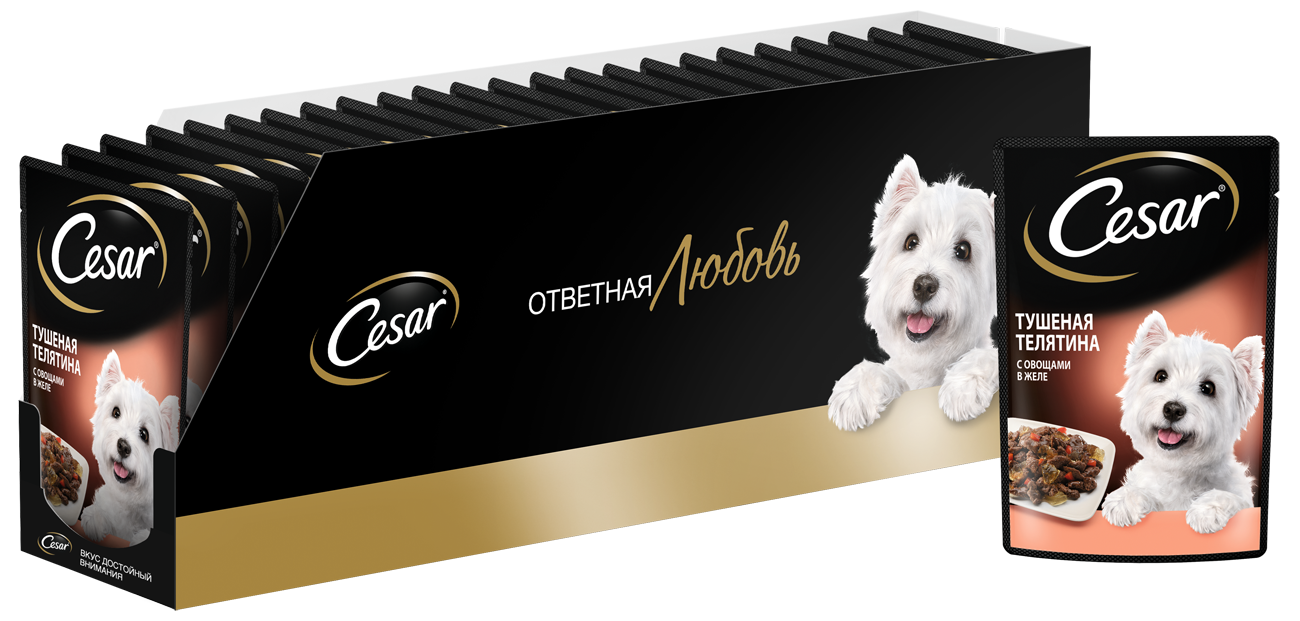 Влажный корм Cesar для взрослых собак, с тушеной телятиной и овощами в желе, 28х85г
