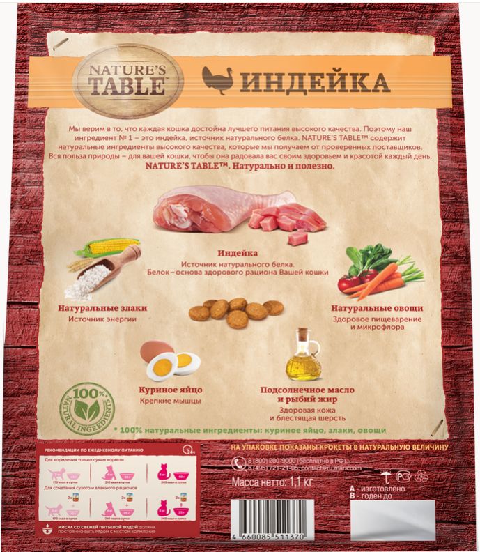 Сухой корм Nature’s Table™ для взрослых кошек, Индейка, 1.1кг