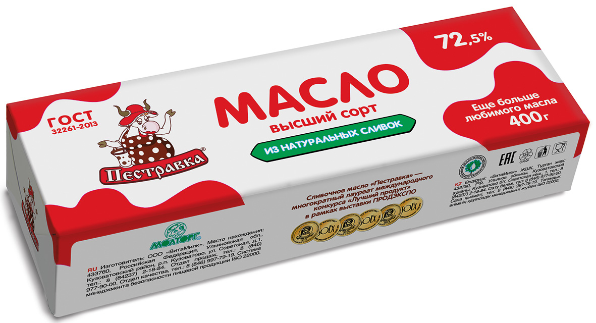 Масло Пестравка Крестьянское сливочное 72,5% Фольга 400 г