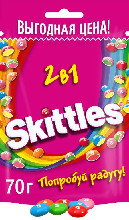 Драже Skittles 2в1 в разноцветной сахарной глазури 70г