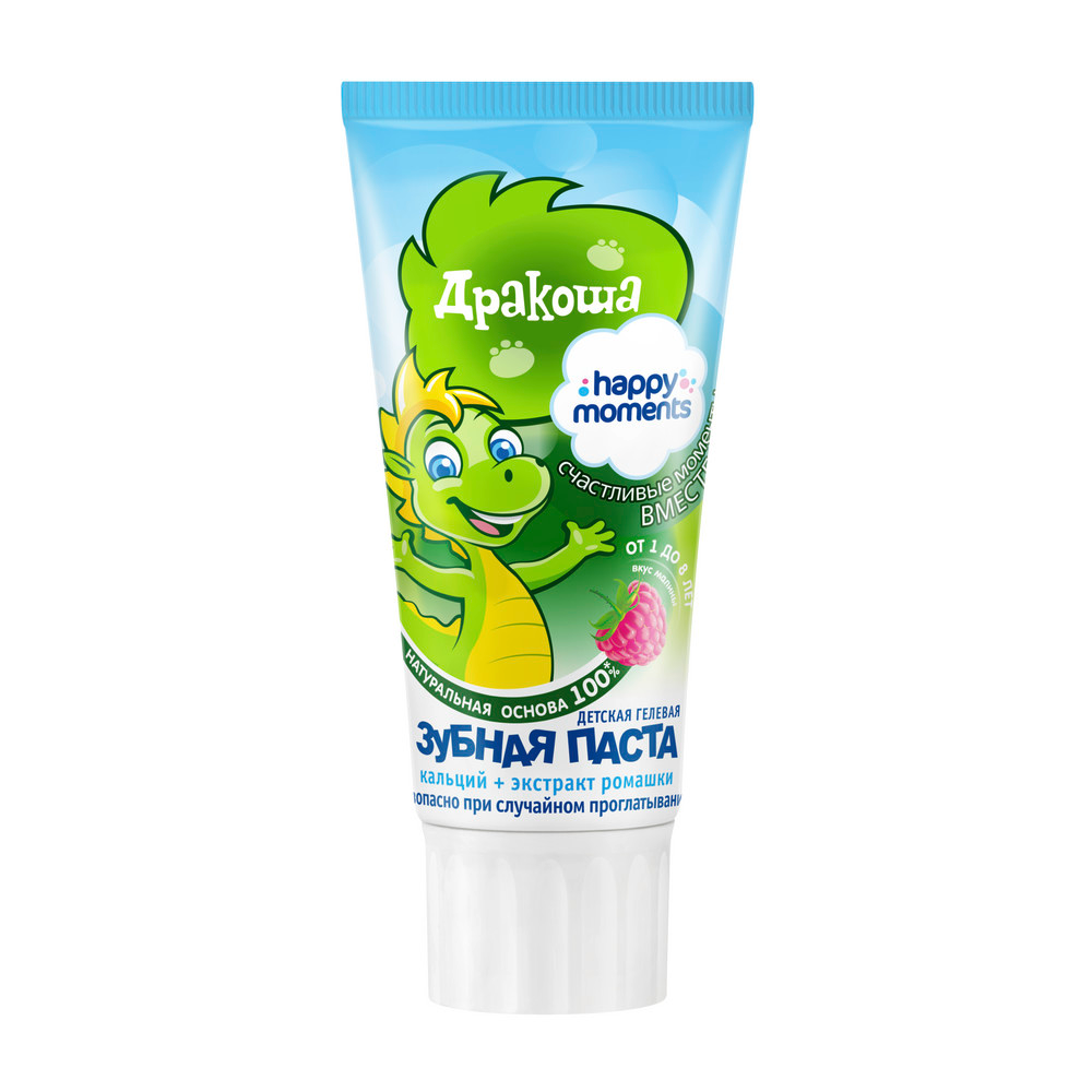 Happy Moments Дракоша детская гелевая зубная паста со вкусом малины, с кальцием и фтором, от 1 года 60 мл