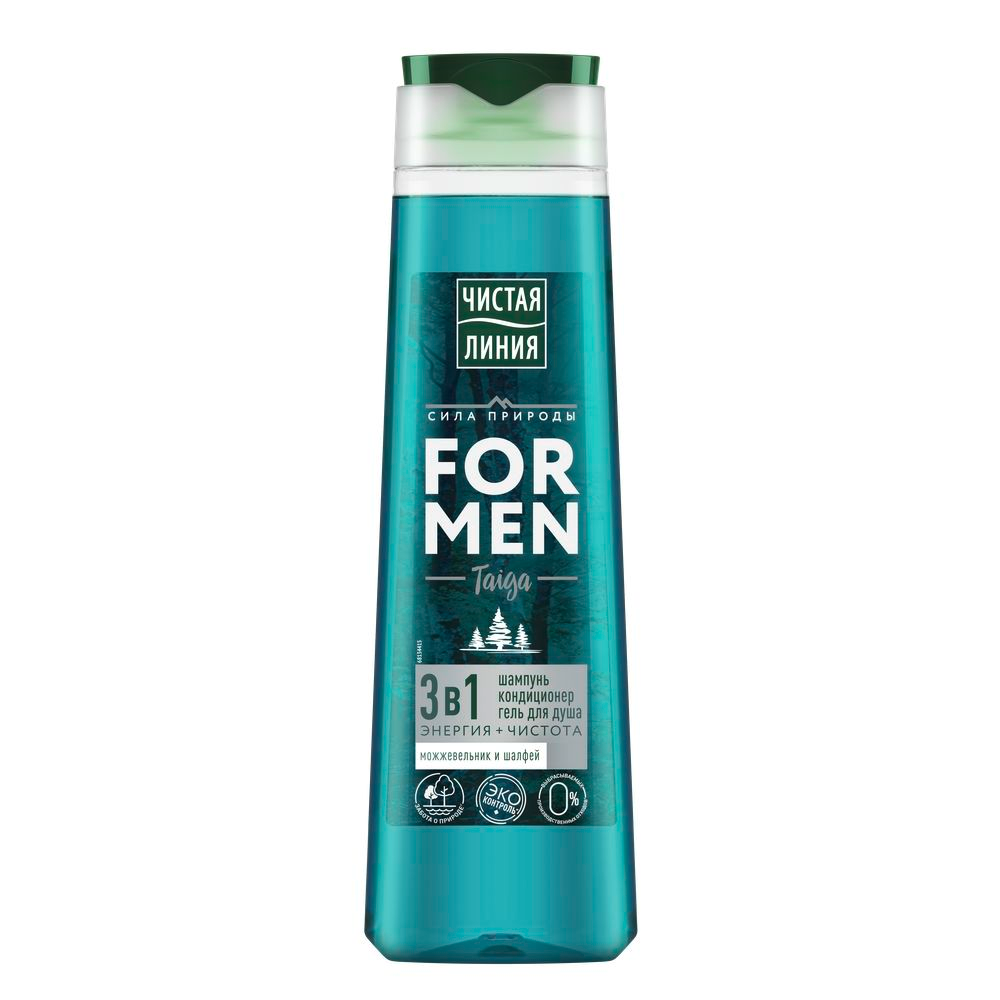 Чистая Линия FOR MEN шампунь,кондиционер и гель для душа 3в1 taiga энергия+чистота Можжевельник и шалфей 400 мл