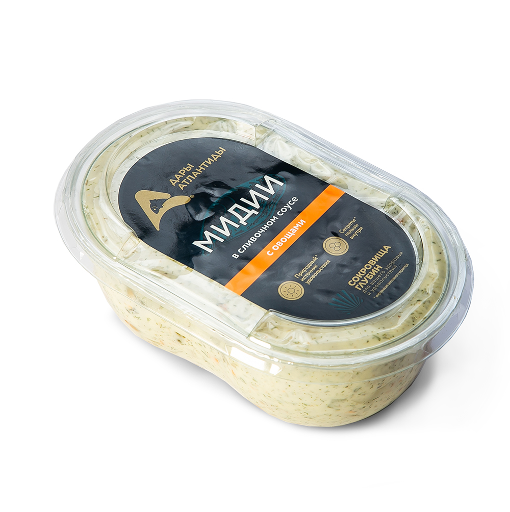 Пресервы. Мидии вареные маринованные Дары Атлантиды в сливочном соусе с овощами, 220 г