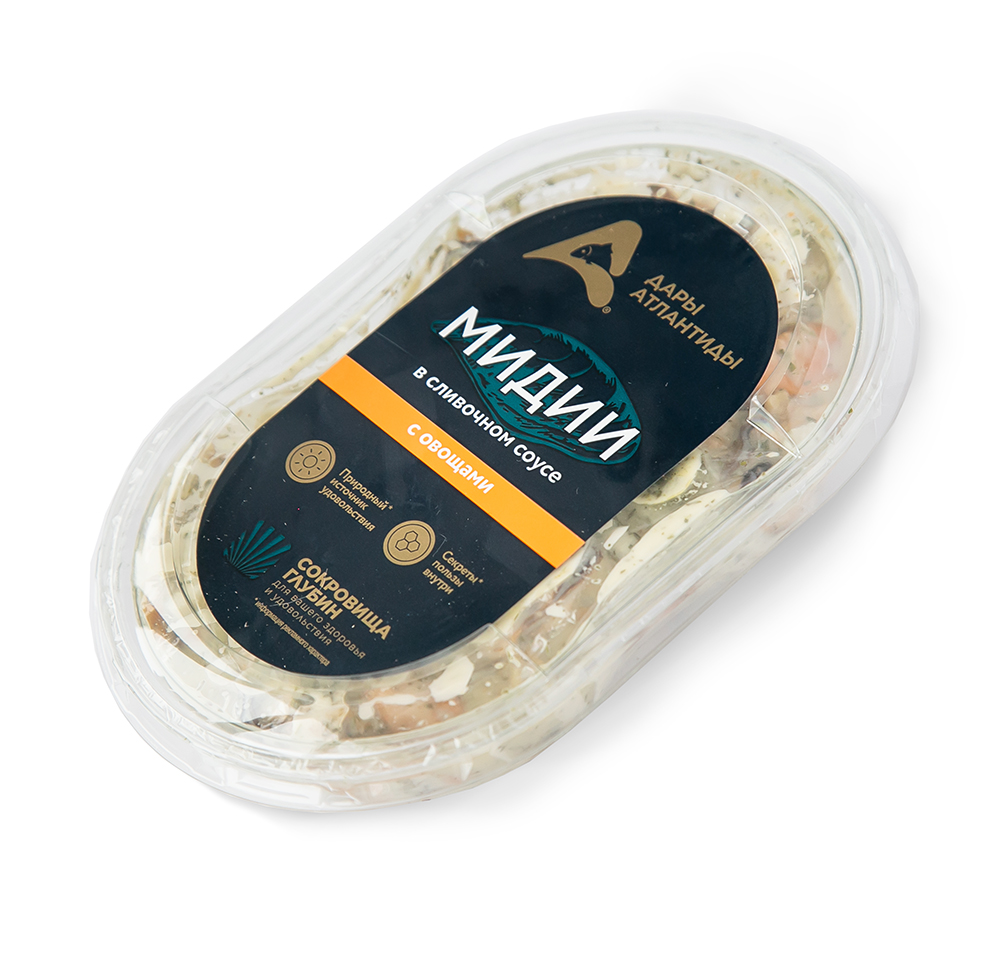 Пресервы. Мидии вареные маринованные Дары Атлантиды в сливочном соусе с овощами, 220 г