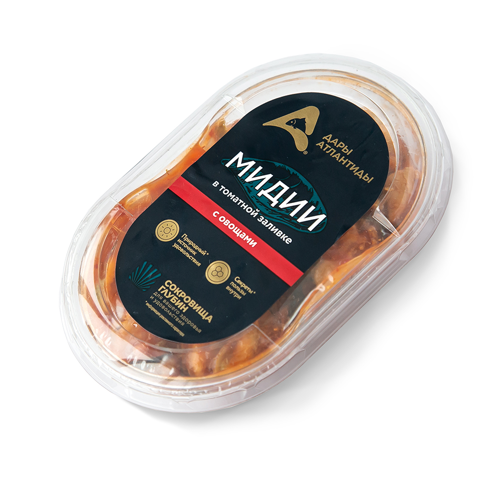 Пресервы. Мидии вареные маринованные Дары Атлантиды в томатной заливке с овощами, 220 г