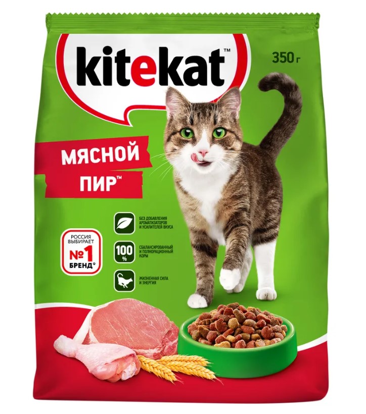 Сухой полнорационный корм Kitekat для взрослых кошек «Мясной Пир», 350г