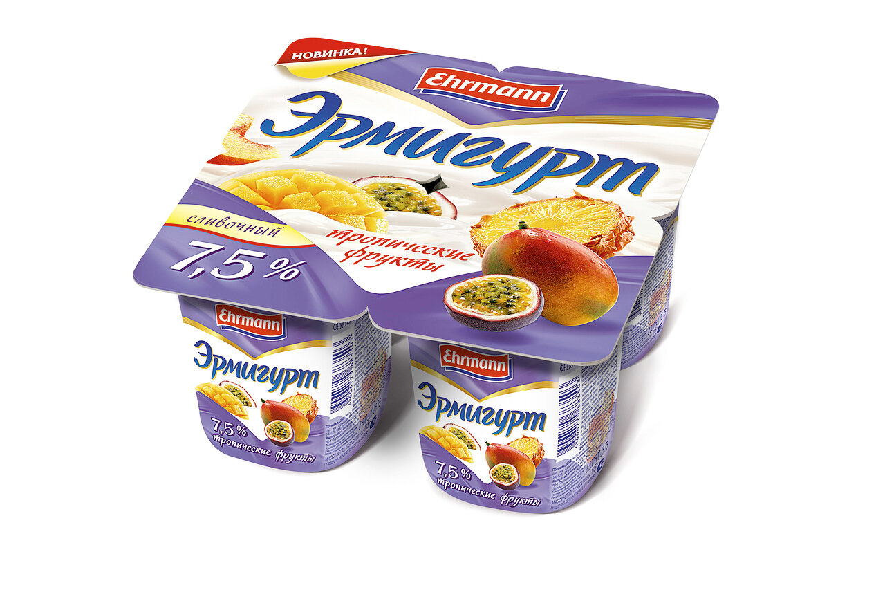 ЙогуртЭрмигурт Экстра Cливочный с тропическими фруктами 7,5% 4х100г