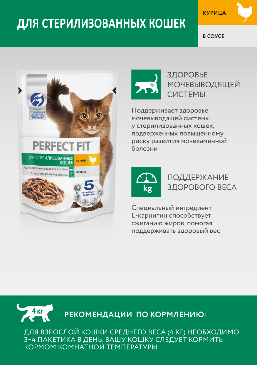 Влажный полнорационный корм Perfect Fit для стерилизованных кошек с курицей в соусе, 28х75г