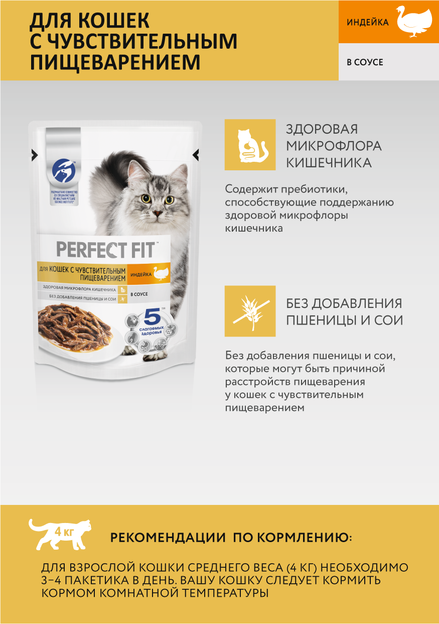Влажный корм Perfect Fit для кошек с чувствительным пищеварением, с индейкой в соусе, 28х75г
