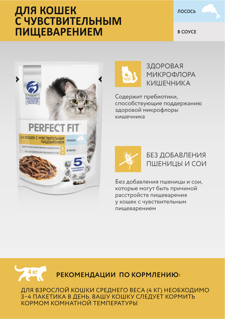 Влажный корм Perfect Fit для кошек с чувствительным пищеварением, с лососем в соусе, 28х75г