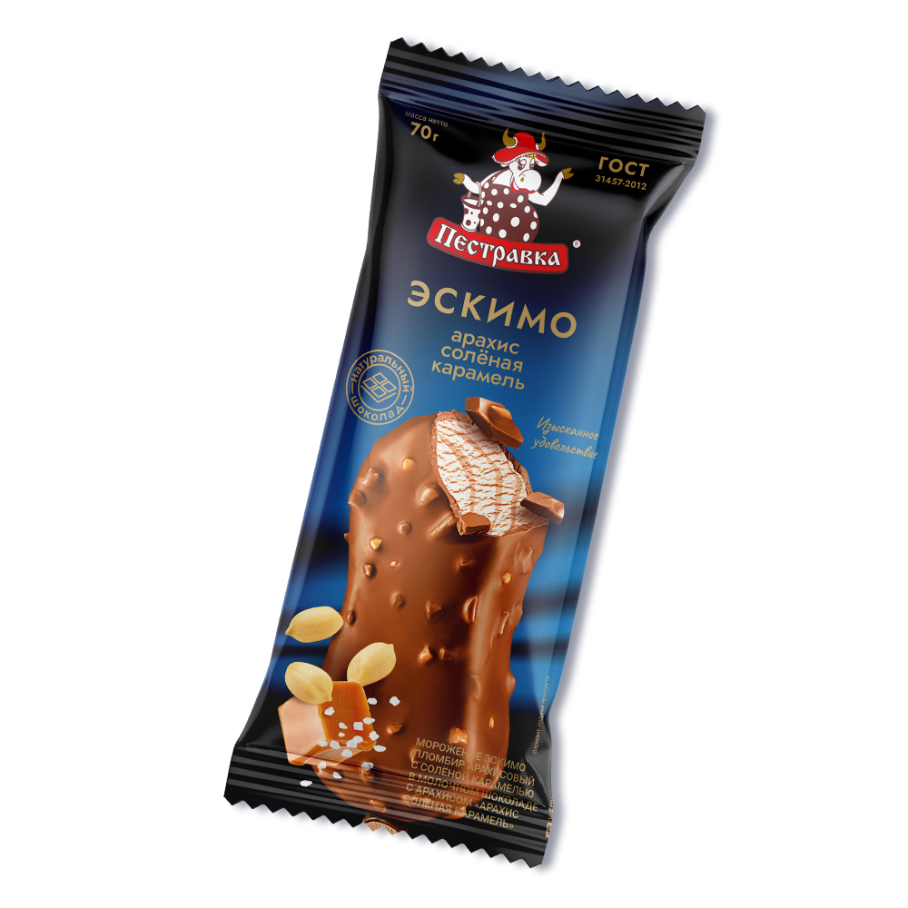 Мороженое ПЕСТРАВКА эскимо пл-р арахис-сол.кар. в мол.шок 24*80г (Э26)