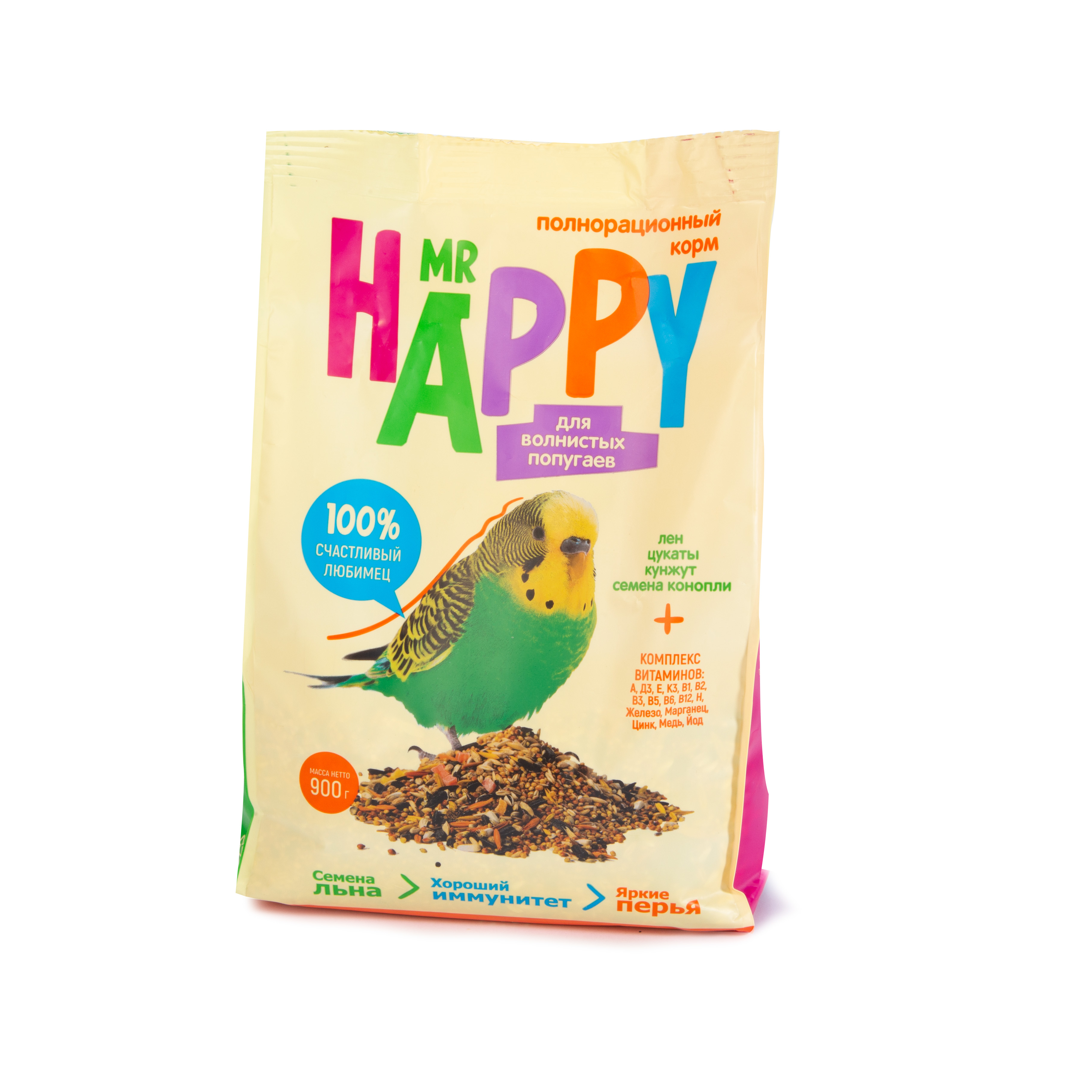 Корм MR HAPPY сухой для волнистых попугаев 900 г