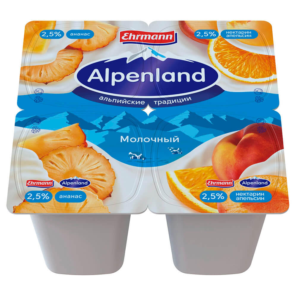 Йогуртный продукт Alpenland молочный 2,5% Ананас/Нектарин и апельсин, 95г