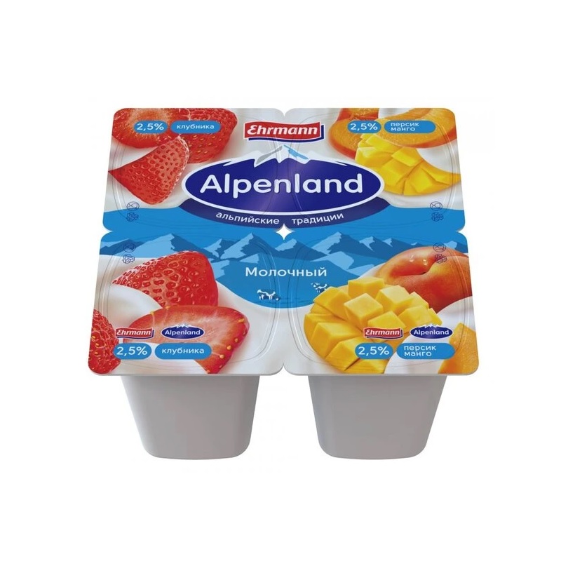 Йогуртный продукт Alpenland молочный 2,5% Клубника/Персик и манго, 95г
