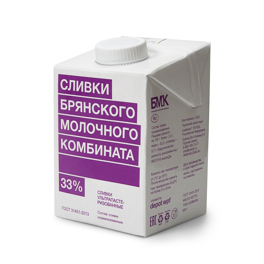 Сливки 33% 500 г, БМК ТВА edge 12 шт