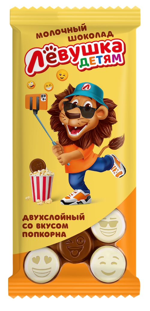Шоколад Славянка Лёвушка детям молочный и белый со вкусом попкорна 85г (14)