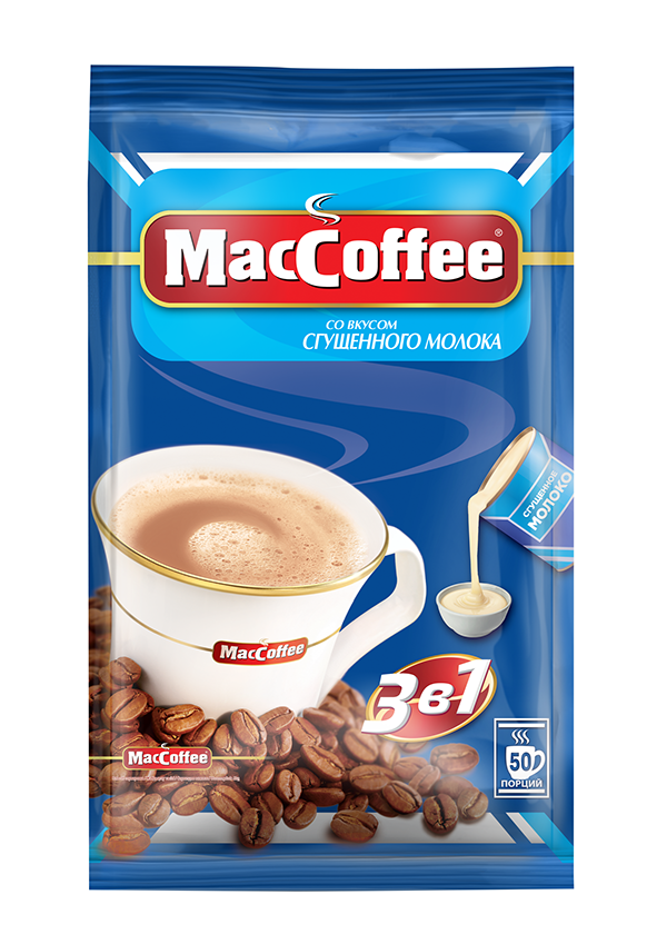 Напиток MacCoffee кофейный растворимый (3 в 1) со вкусом сгущенного молока м/уп 20г*50*10 лента
