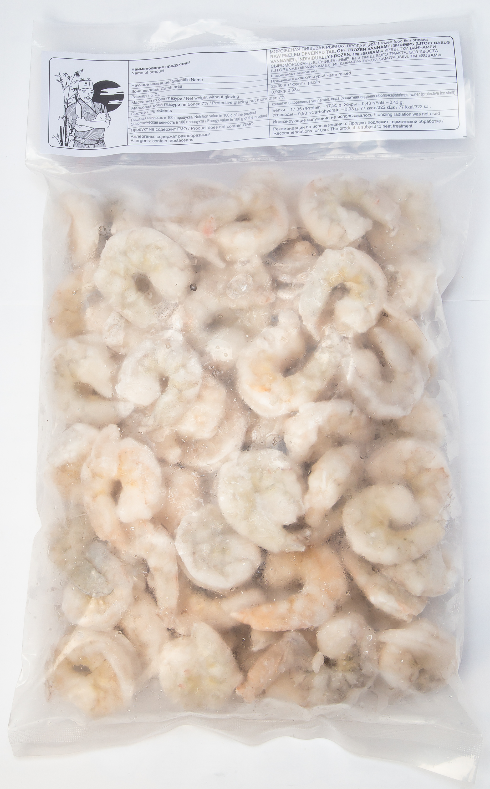 Креветки Vannamei 26/30 Susami с/м очищенные, без пищевого тракта, без хвоста 0,93 кг, Индия (761)