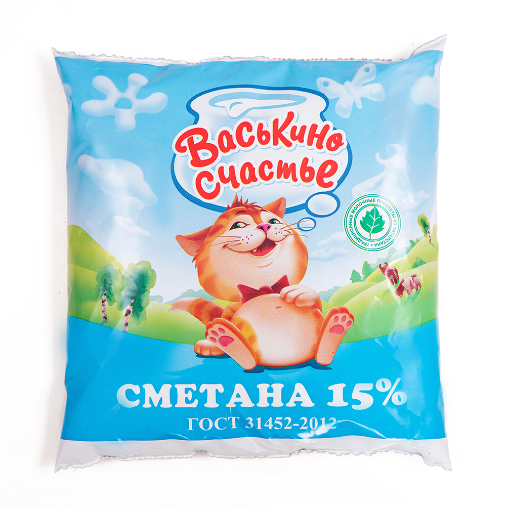 Сметана Васькино счастье 15% фин-пак 450 г