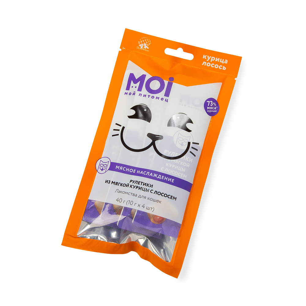 Лакомство для кошек MOI Рулетики из мягкой курицы с лососем пл/пак 10г*4шт