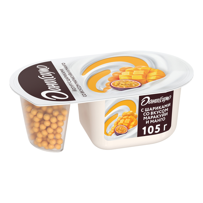 ДАНИССИМО ЙОГУРТ ФАНТАЗИЯ С ХРУСТЯЩИМИ ШАРИКАМИ МАНГО-МАРАКУЙЯ 105г (12)