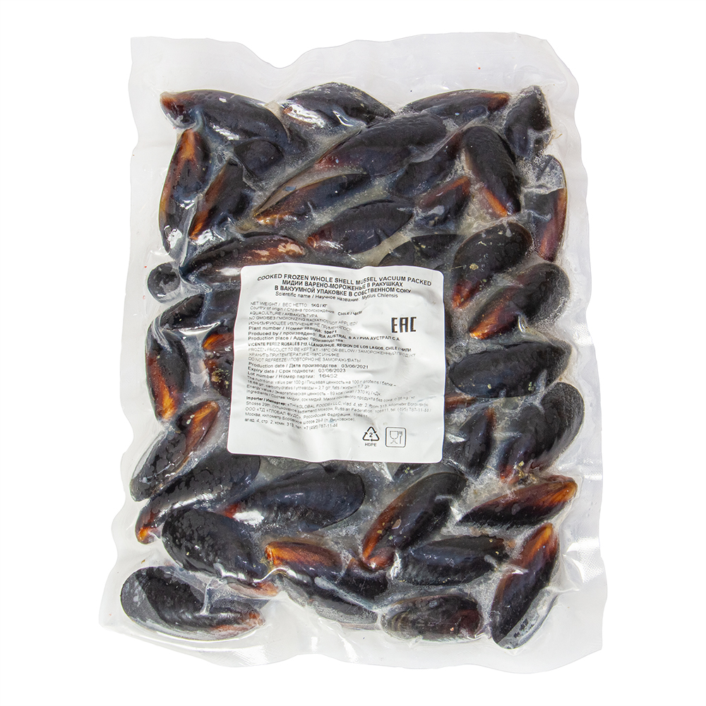 Мидии голубые в 2х створках 40/60 шт/кг, ЧИЛИ,